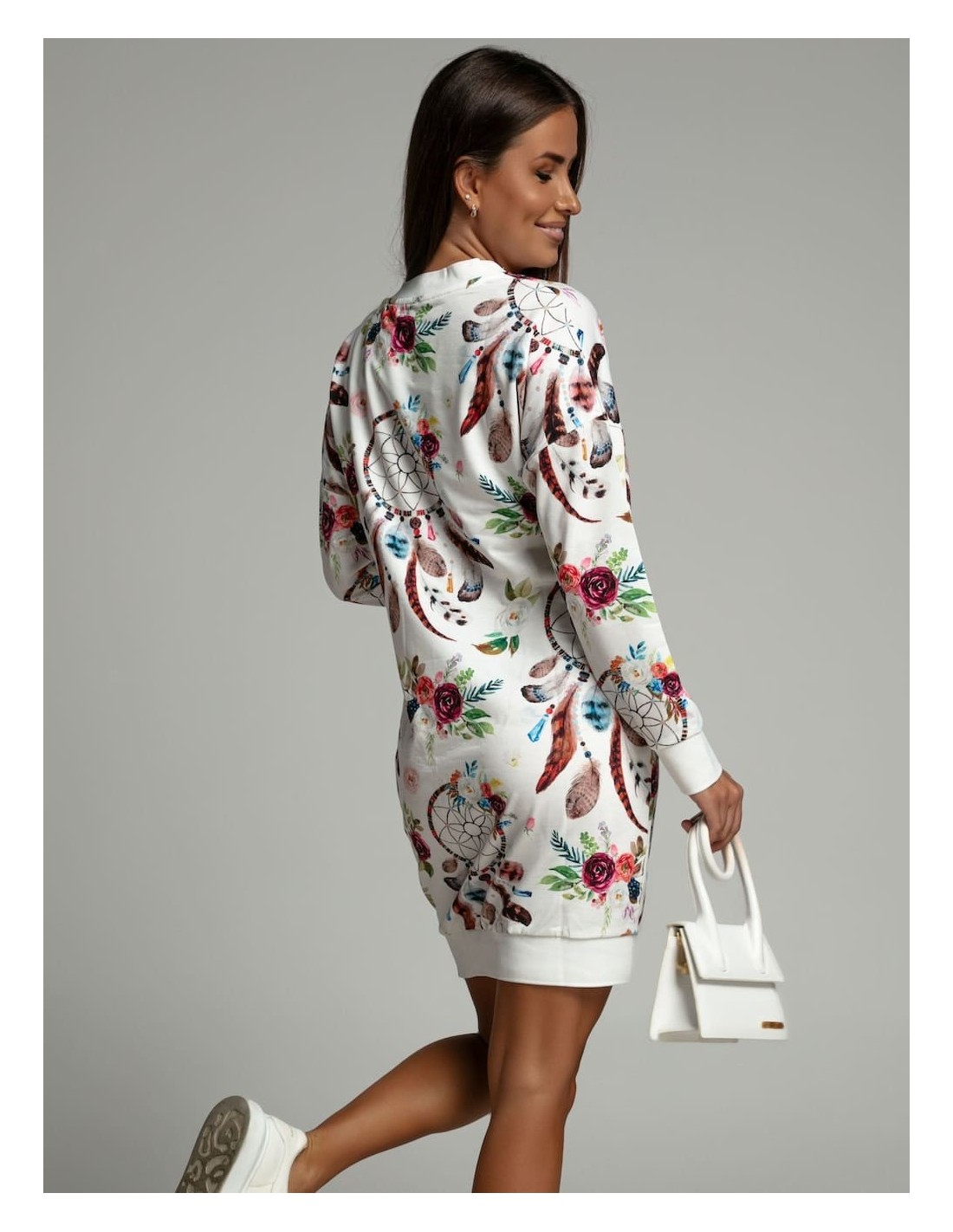 Cotton flower dress with pockets, white FI578 - Online store - Boutique